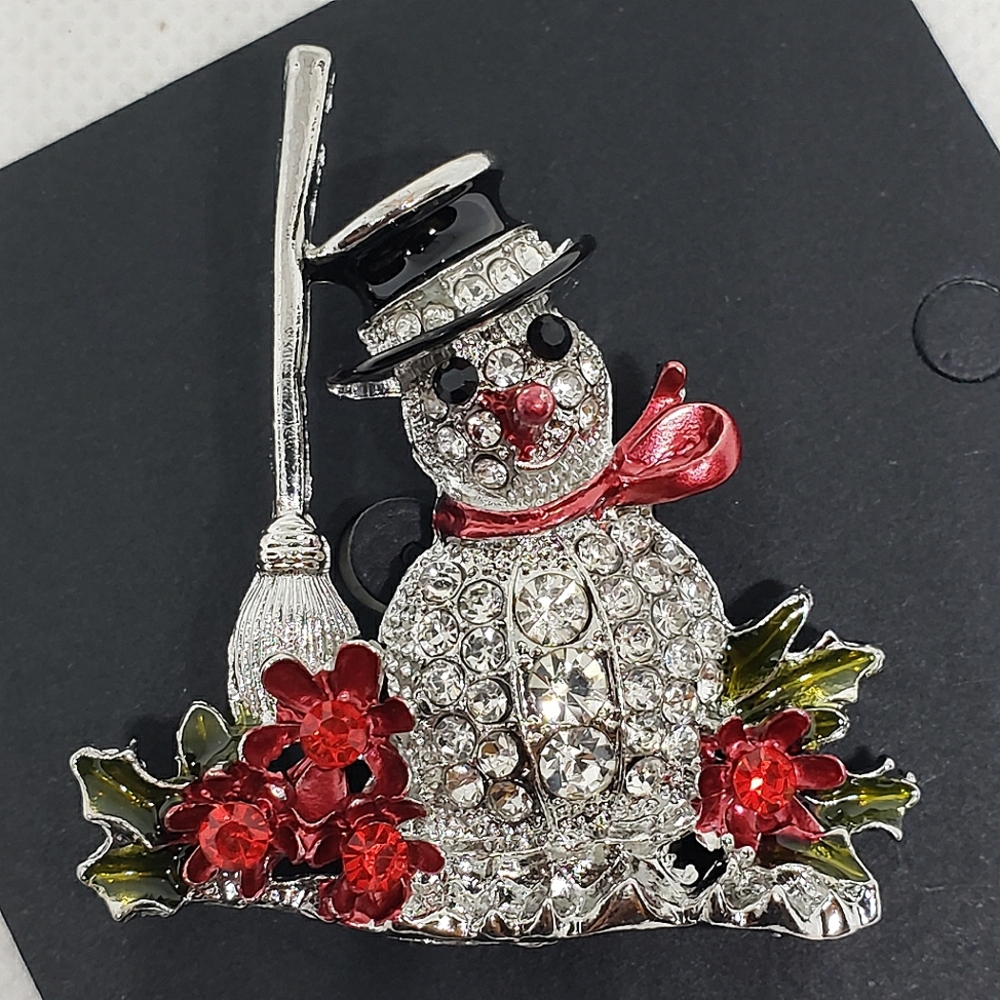 Red Green Silver Rhinestone Holiday Christmas Winter Snowman Brooch Pin
